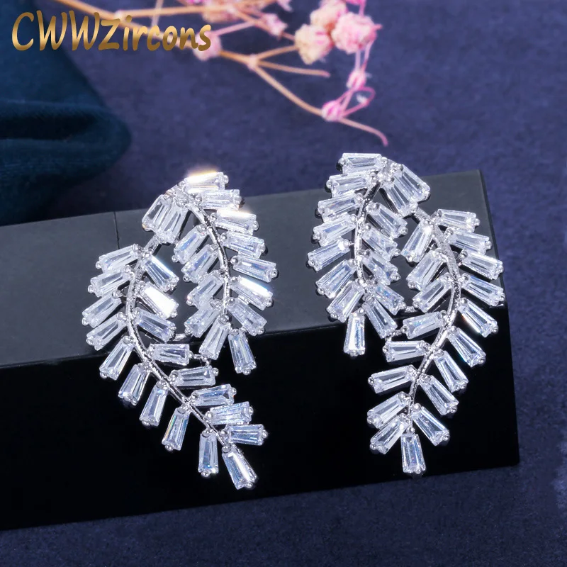 

CWW Brand Elegant Design Leaf Shape Square Cubic Zirconia Stone 925 Sterling Silver Women Stud Earrings CZ238
