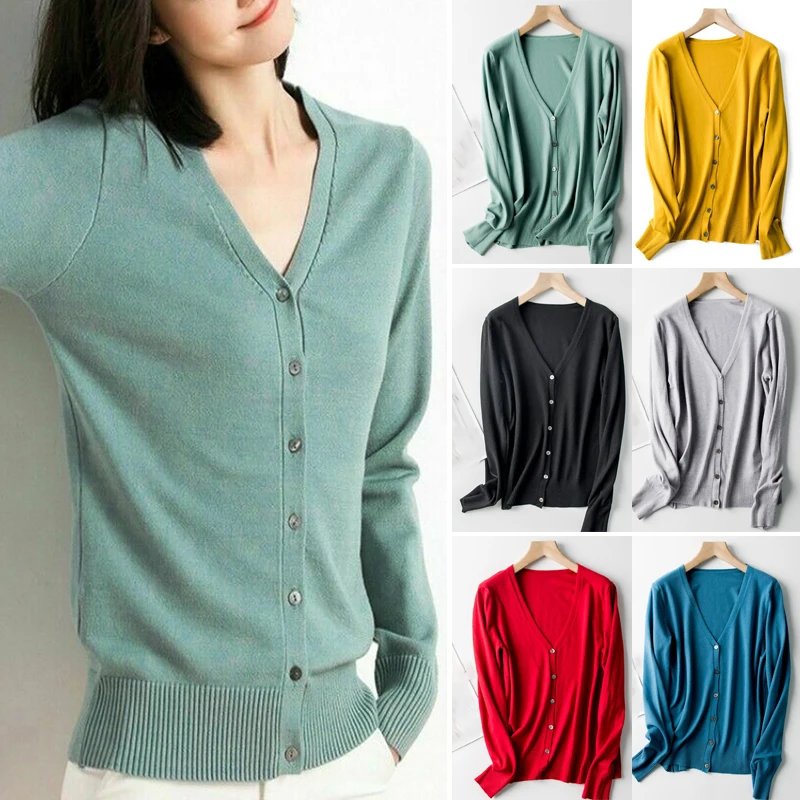 Женский осенне-зимний теплый Модный повседневный джемпер с v-образным вырезом, Вязаный Кардиган с длинным рукавом и пуговицами, топы