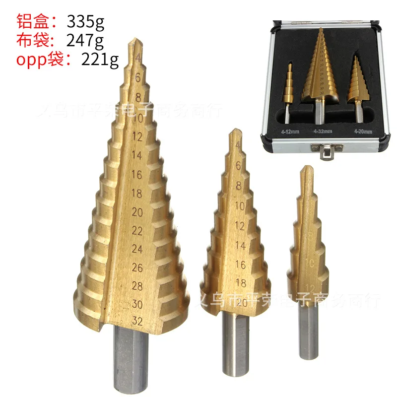 

Aluminum Box 3 Pieces Step Drill Triangular Handle Step Drill Pagoda Drill Bit Step Drill Open Reamer