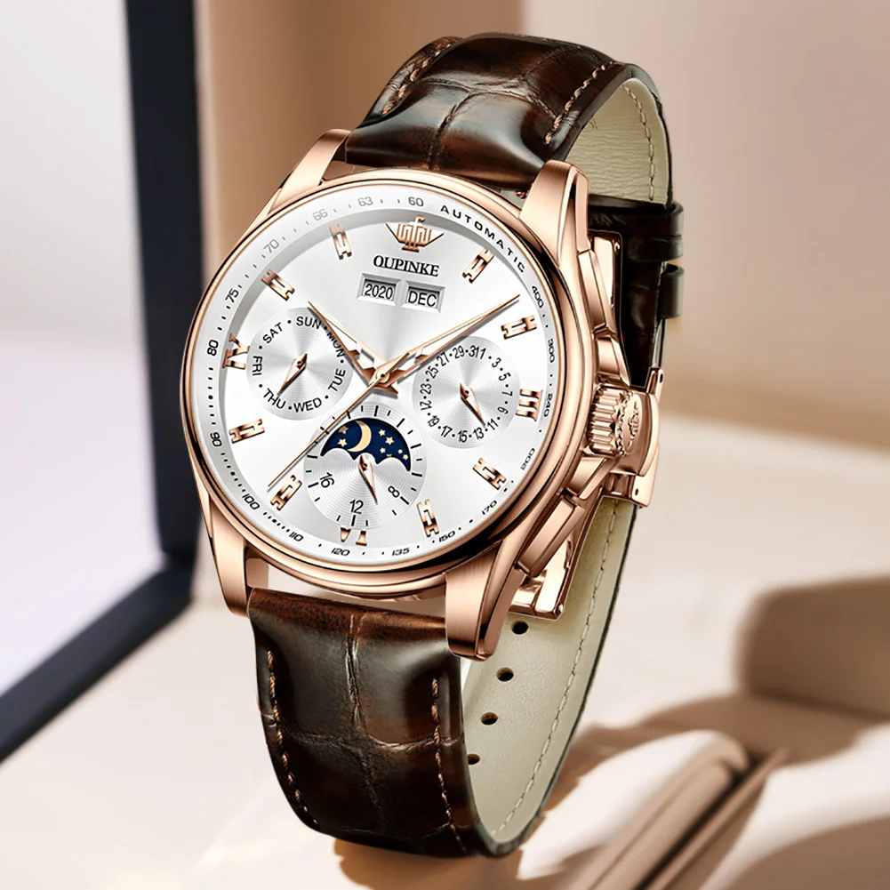 OUPINKE Men's Classic Automatic Mechanical Watch Waterproof Leather Strap Automatic Movement High Quality Watches