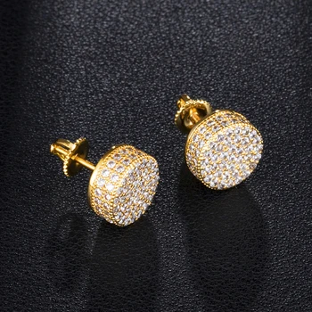 

US7 Zircon Micro Full Paved Rhinestone Round Stud Earrings Gold Silver Color Iced Out Bling Earring Women Men Hip Hop Jewelry