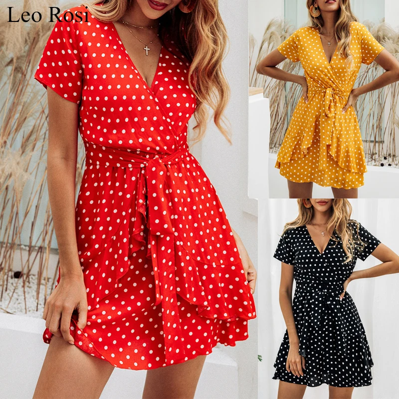

Leo Rosi Vintage Chic Polka Dot Print Ruffles Cross V-Neck Lace-Up Dress 2019 Fashion Women Elegant Asymmetrical Dress Vestidos