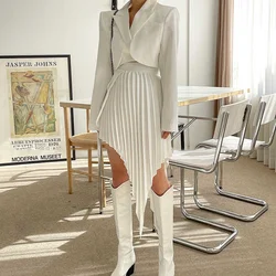 Feminino novo casual branco conjunto de duas peças para mulher entalhado manga longa blazer cintura alta irregular bainha saia elegante conjuntos coreano