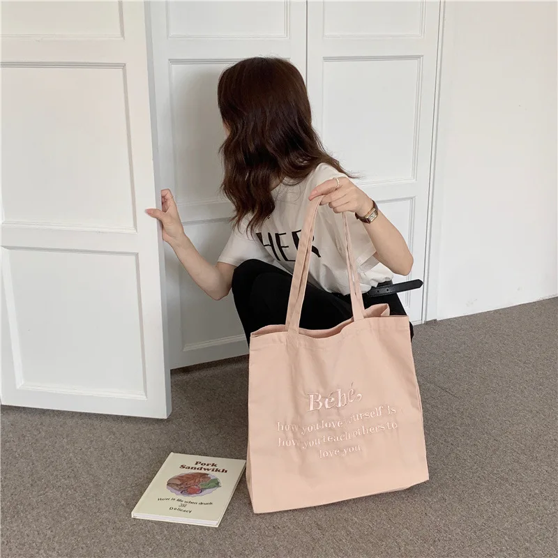 Letter Embroidered Women Canvas Shoulder Bag Female Girls Student Book Tote Handbags Large Capacity Ladies Reusable Shopper Bag