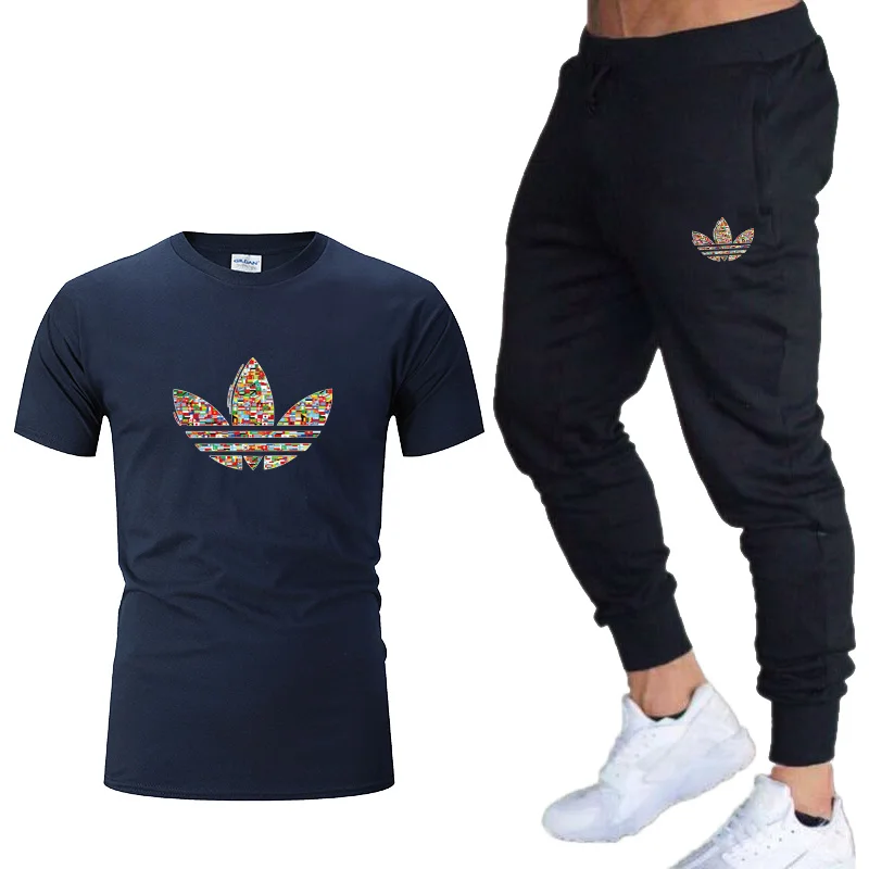 

New brand 2019 sports and leisure suit men's T-shirt + pants sports suit fitness clothes men's autumn fitness running clothes