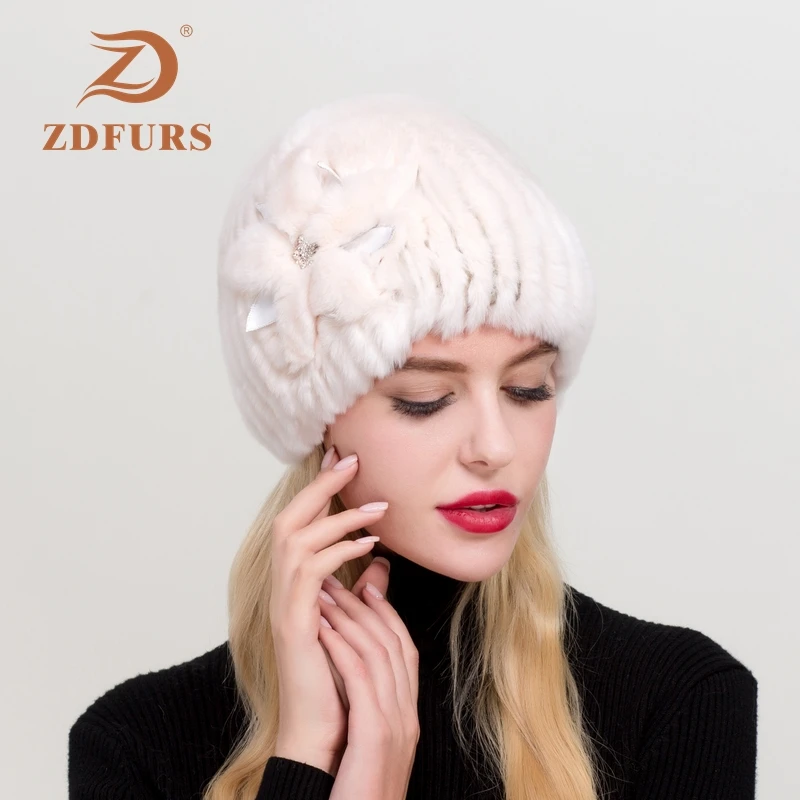 

ZDFURS* 2019 Women's Genuine Rex Rabbit Fur Hats Winter Rex Rabbit Fur Beanies Striped Head Top Flower Warm Real Fur Knit Caps