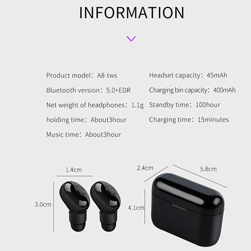 A8 TWS Bluetooth Earphones V5 0 Wireless Mini Headset 3D Stereo Wireless Headphone Sports Earbuds HIFI Earphone