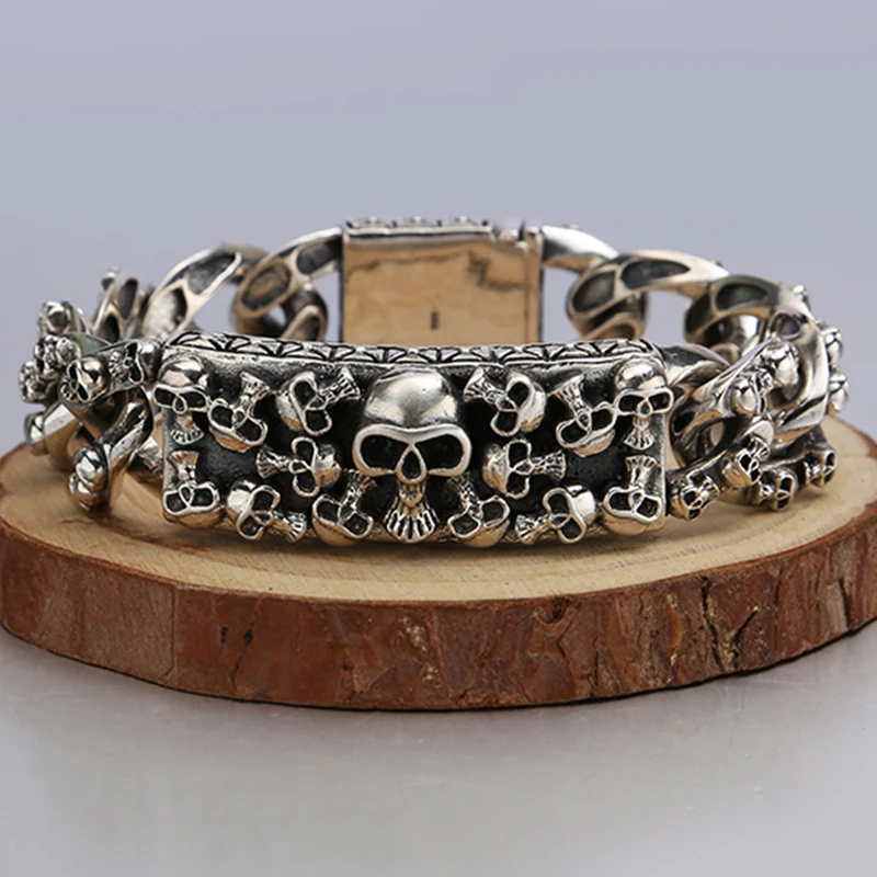 S925 стерлингового серебра Рок Панк Стиль Череп Браслет преувеличенные властные мужские ручной работы Коллекция ювелирных изделий