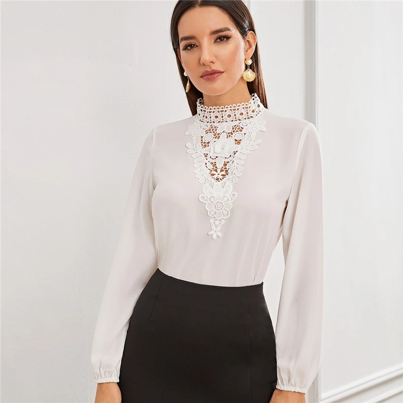 COLROVIE, одноцветная кружевная вставка, стоячий воротник, Замочная скважина на спине, топ, Женская Сексуальная Блузка, осень, повседневные, стоячий воротник, тонкие подходящие блузки