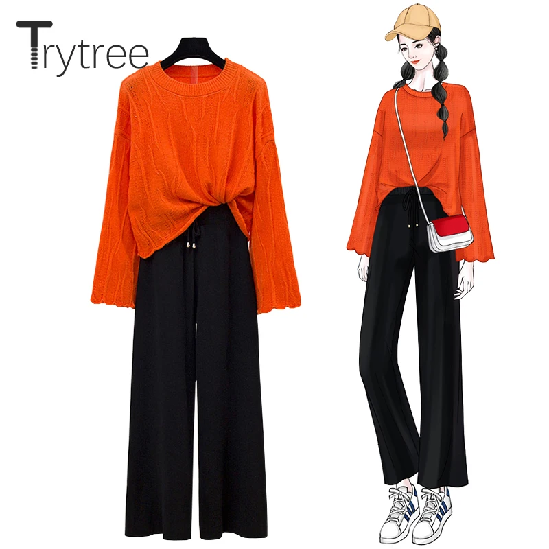 

Trytree Autumn Winter two piece set Casual Solid Loose Knitwear Sweater + pants Drawstring Fashion Office Lady Set 2 Piece Set
