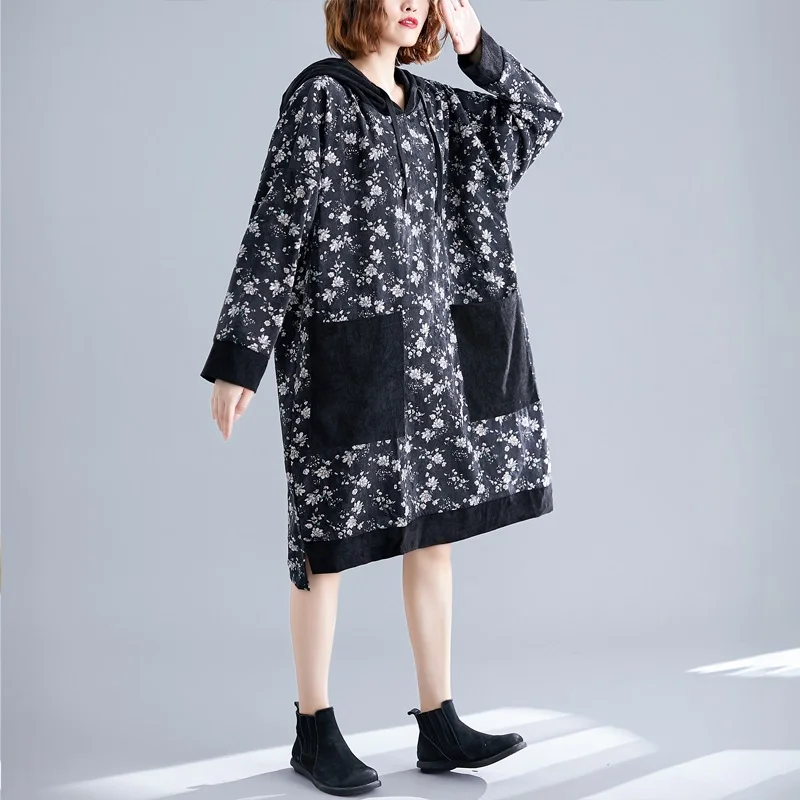 long sleeve Corduroy vintage floral plus size women casual loose midi autumn winter dress elegant clothes ladies dresses