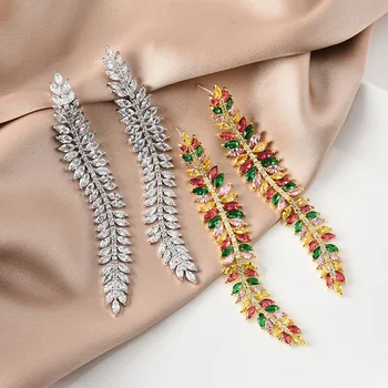 

S925 silver fashion earrings accessories long colored zircon leaf earrings dress for women