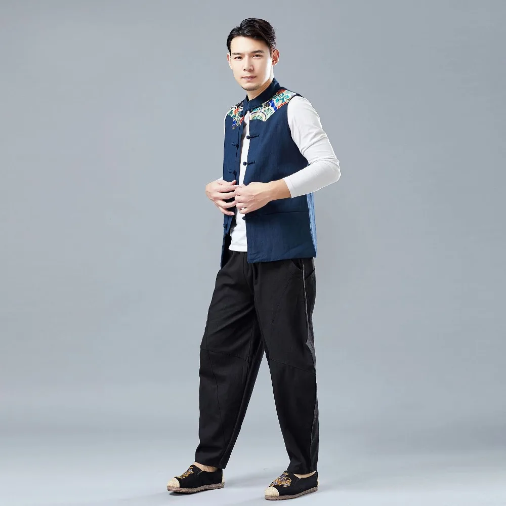 LZJN 2019 Men's Summer Waistcoat Chinese Style Print Patchwork Linen Button Down Kung Fu Shirt Sleeveless Vest Jacket (15)