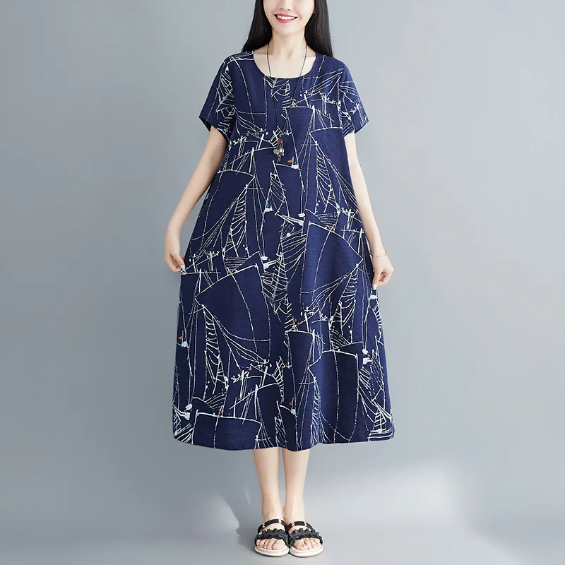 

Cotton Linen Dress Women's Summer 2019 New Style Crew Neck Short Sleeve Loose-Fit Summer Large Size Cover Belly Medium-length Co