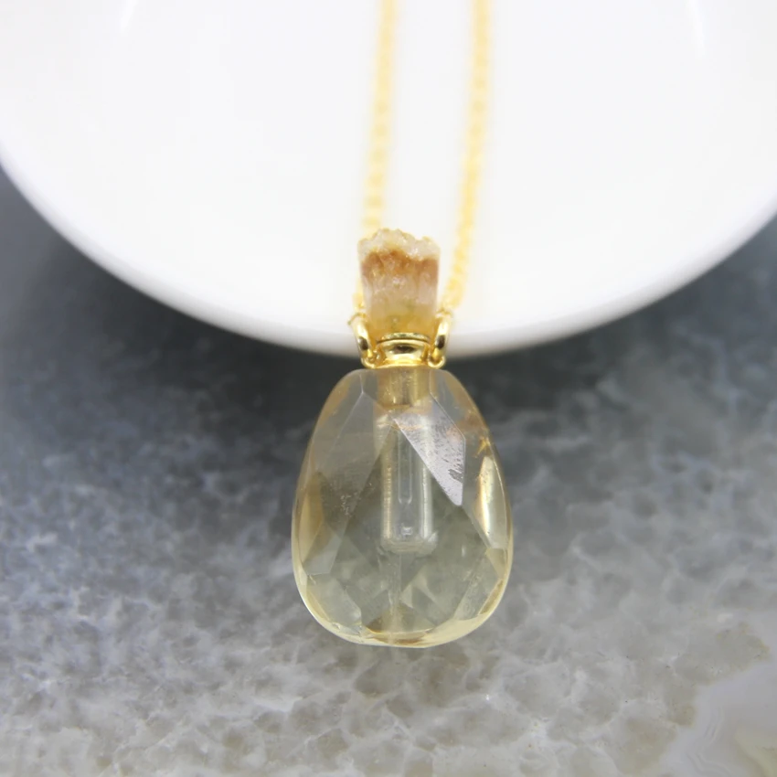 Natural Citrines/Agate/Garden Crystal Perfume Bottle Pendants,Rose/White Quartz Essential Oil Diffuser Vial Necklace Jewelry