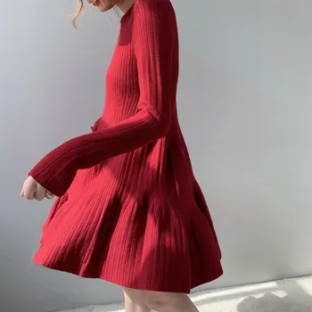 

Autumn and Winter Solid O Neck Retro Slim A Line Bottomed Knitting Dresses for Women