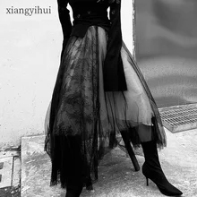 Панк готика Ретро Дворцовая винтажная длинная сетчатая юбка для женщин Высокая уличная мода кружева вышивка печать черное бальное платье пачка