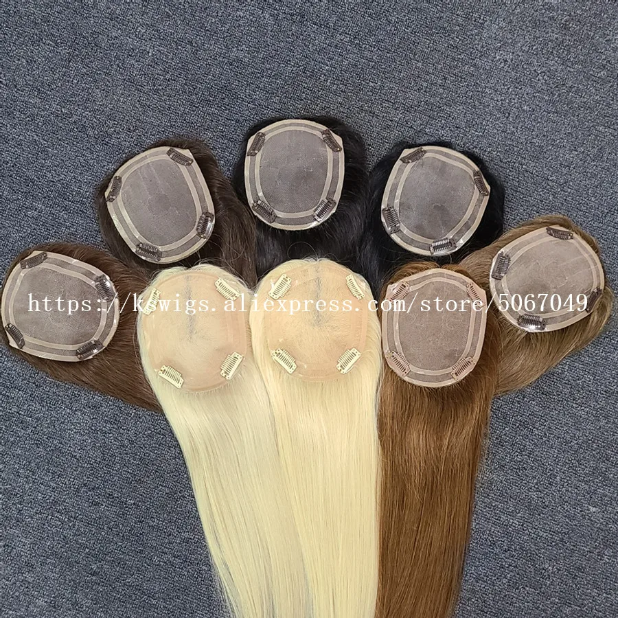 K.S WIGS 16inch 12.5*15cm Straight Topper Wigs 150% Density Mono Base Remy Human Hair Toupee Clip In Hairpieces For Women 85g