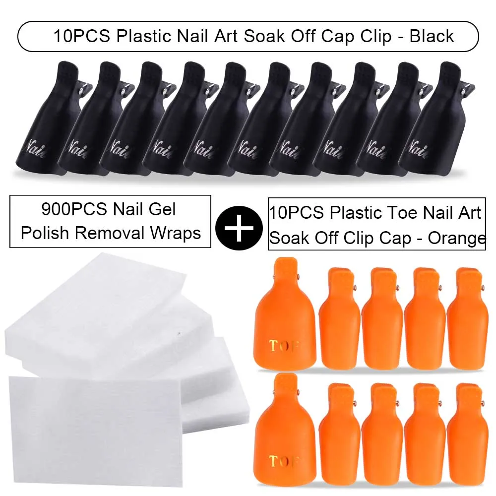 20PCS Plastic Fingers And Toes Nail Art Soak Off Cap Clip And 900PCS Cleanser Nail Gel Polish Removal Wraps Remove Tool Nail Tip - Цвет: Orange Toe Dark Hd