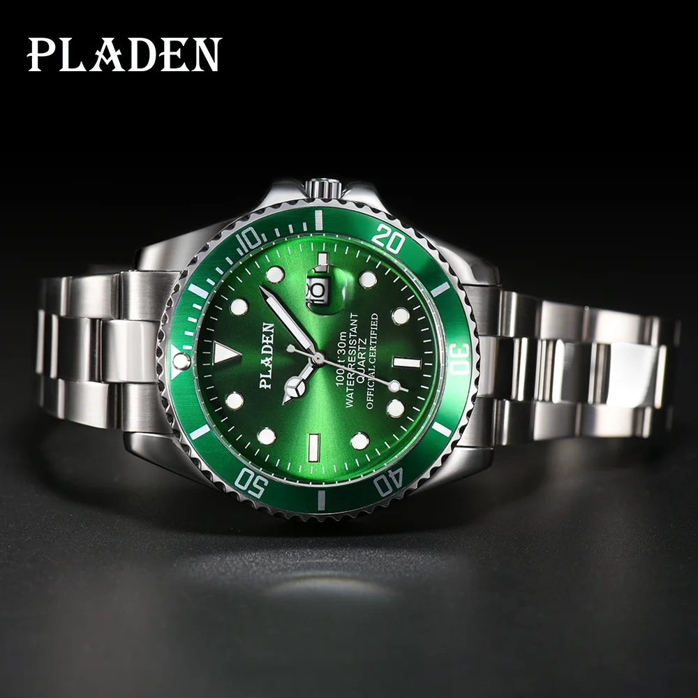 PLADEN-Reloj de pulsera de cuarzo para hombre, de lujo, de marca superior, japonés, reloj de pulsera de acero inoxidable verde fantasma, resistente al agua