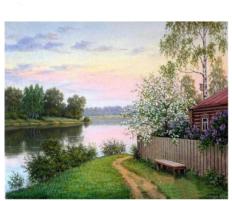 village lake natural scenery diamond embroidery full rhinestone diamond mosaic diamond painting cross stitch kit home decoration_副本