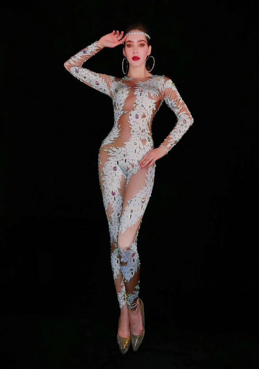 Multi-Color Rhinestones Printed Jumpsuit Long Sleeves Sexy Bodysuit Women Singer Bar Stage Prom Birthday Outfit Rave Wear DT1612