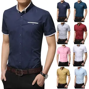 

Men Solid Color Short Sleeve Turn Down Collar Button Cotton Plus Size Shirt Button Down Shirt Comfortable to Wear Slim-Fit