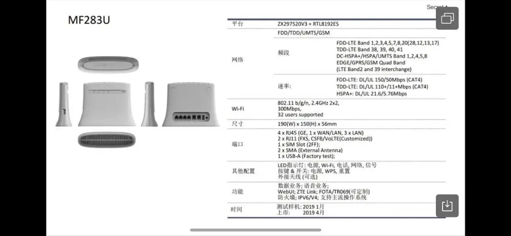 Zte разблокированный MF283u LTE/4G беспроводной Wi-Fi маршрутизатор Точка доступа-100 Мбит/с белый+ 2 шт 4G белая антенна