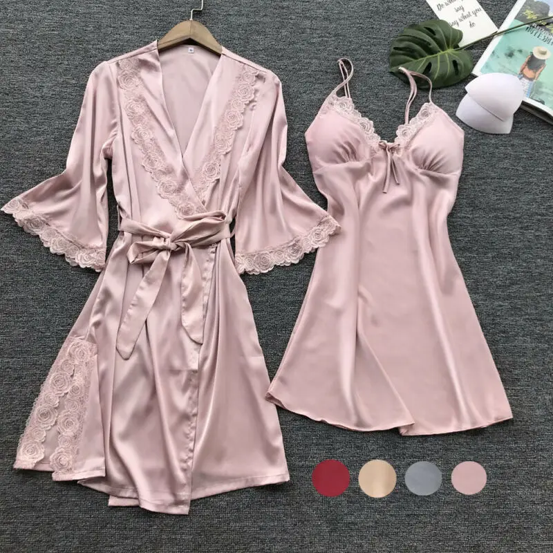 

New trendy solid 3Pcs Women's Sexy Silk Satin Pajamas Robe dress Lingerie Sleepwear Nightwear set Padded Fashion Suits Sleepwear