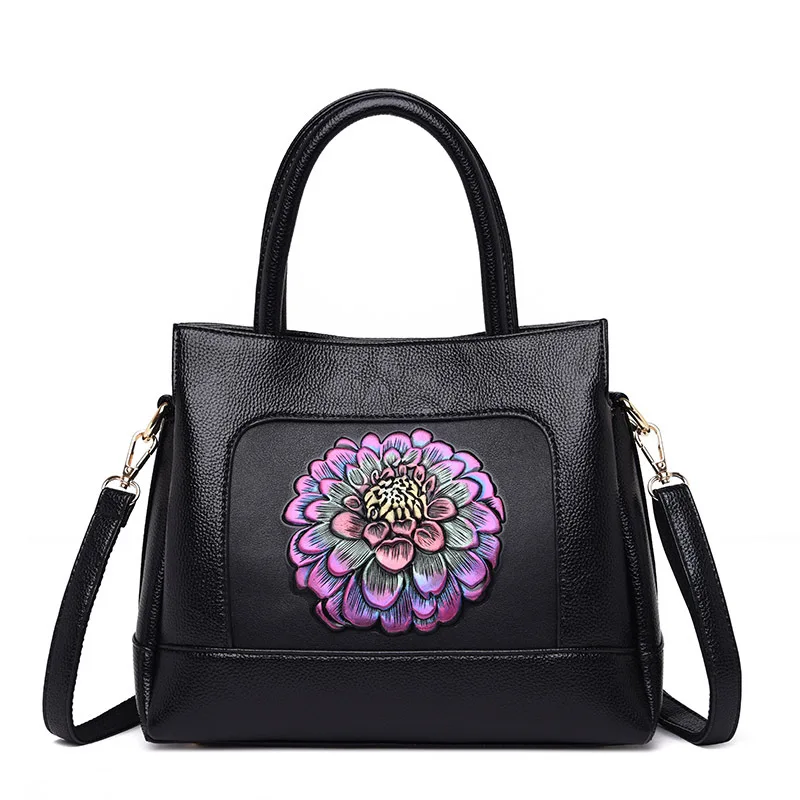 

Ougger Small Women Handbags Shoulder Bags Chinese Style Black PU Flap Bag with Flowers for Afternoon tea