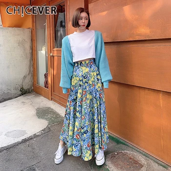 

CHICEVER Print Hit Color Women's Skirt High Waist Casual Elegant Maxi Pleated Skirts Female Vintage Summer Clothing Fashion 2020