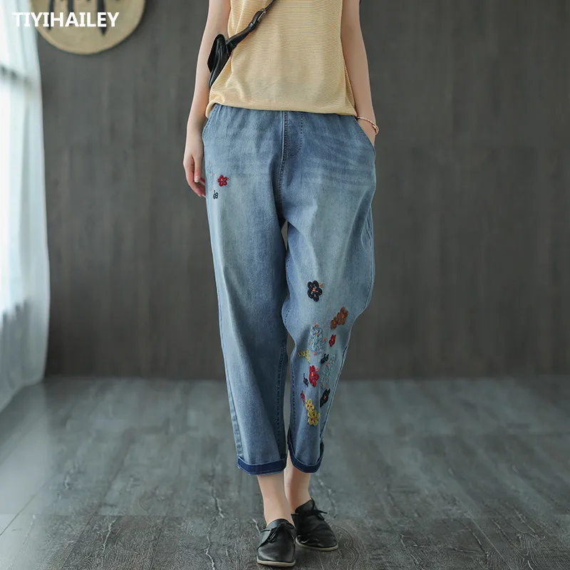 TIYIHAILEY Free Shipping 2021 Calf Length Fashion Women Trousers Plus Size Denim Jeans Size M-XL Summer High Quality Embroidery