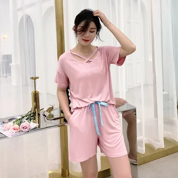

Women's Short-sleeved Tops with Shorts Cotton Home Clothes Characteristics Sexy Women Sleepwear Pink Pyjama Femme