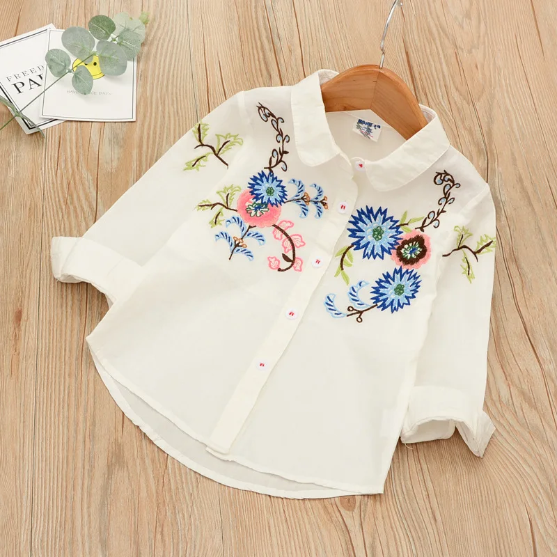 Spring New Style Flower Embroidered GIRL'S Long-sleeved Shirt Fold-down Collar Shirt Childrenswear 1e13