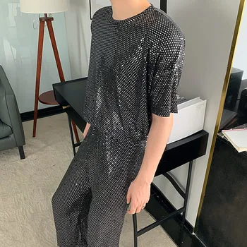 

Fashion Hip Hop Sequins T-shirt Men Custom Made Stage Sequin Suit Short Sleeve Suit Men 2 PCS Sets (T Shirt+pant) Streetwear