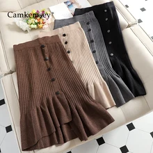 CamKemsey, базовая, высокая талия, осень, зима, вязаные юбки, для женщин, корейский шик, однобортный, Повседневный, бодикон, Русалка, длинные юбки