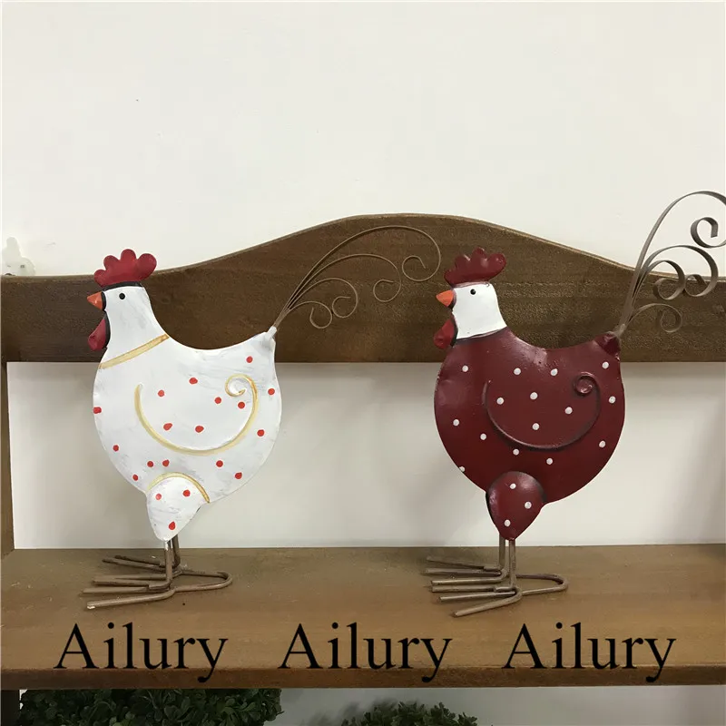 Red White Iron Couple Chicken Lovers Set Christmas Decorations Festive Decor American Country Window Desktop Oranments