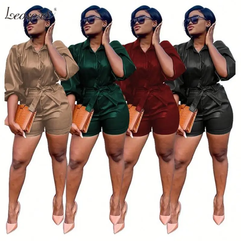 

2 Piece Sets Womens Outfits Roupas Casual Solid Lantern Sleeve Shirt Belt Pu Leather Short 2020 Two Piece Set Women Clothing