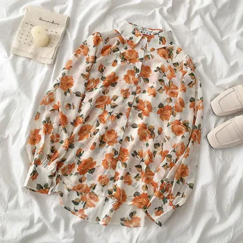 

Summer Floral Chiffon Shirt Women Beach Style Loose Turn-down Collar Long Sleeve Loose Blouse Female Fashion Korean Tops