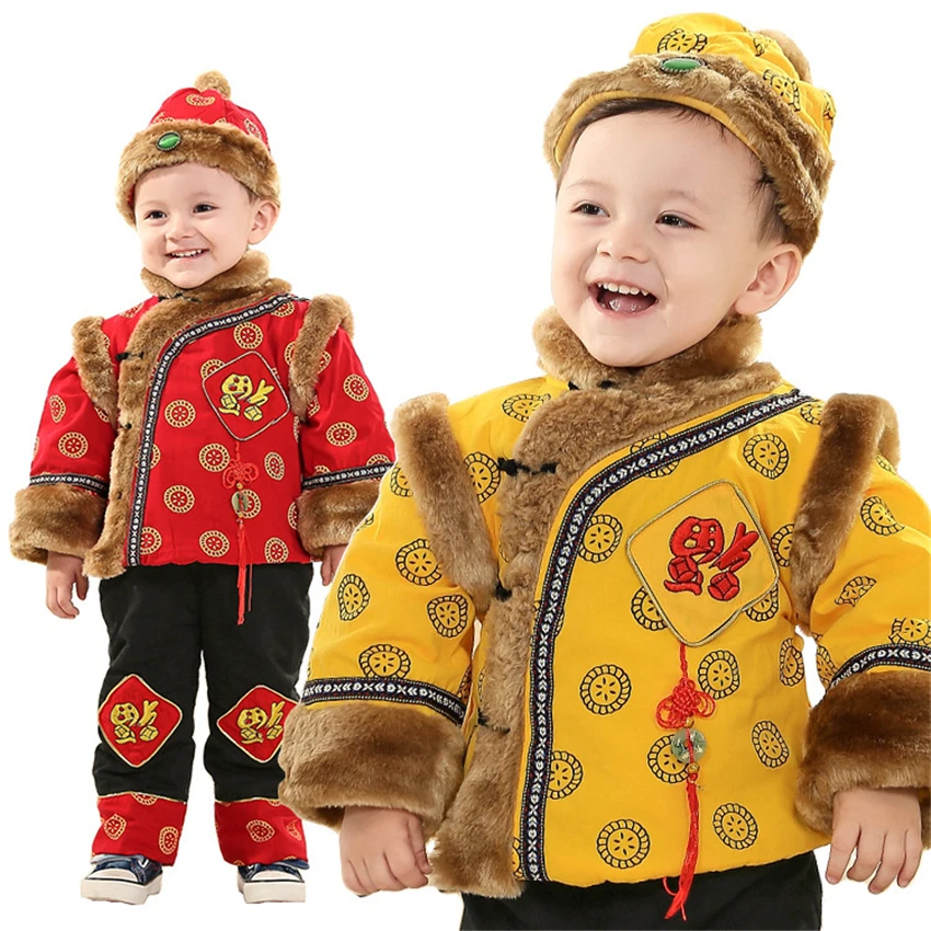 Новогодняя одежда для мальчиков Традиционный китайский костюм в стиле Тан зимняя утепленная одежда для малышей от 1 до 4 лет, Весенняя Праздничная винтажная одежда Hanfu