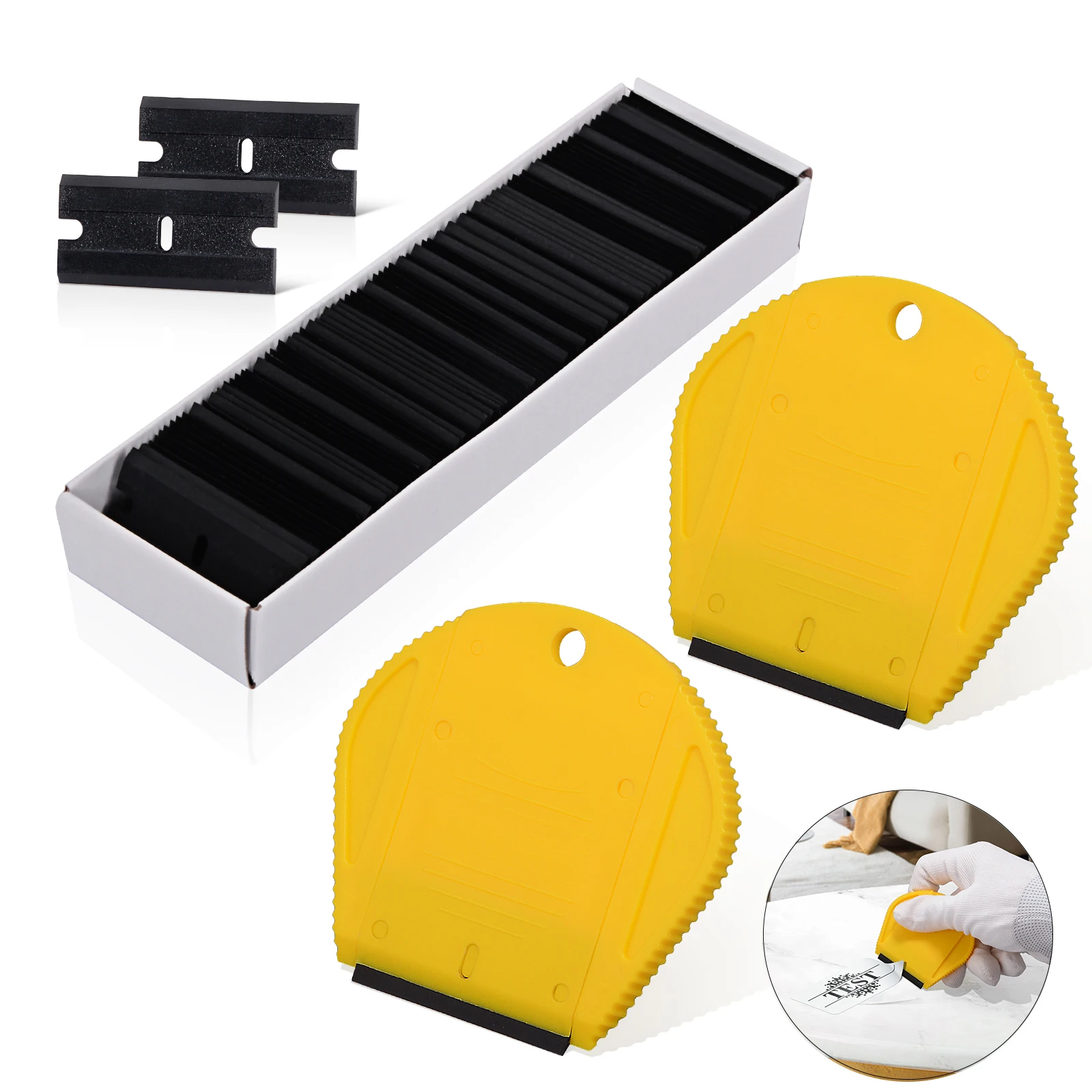 

FOSHIO 2pcs Vinyl Wrap Film Glue Remover Sticker Window Cleaning Tool Razor Scraper+100pcs Blade Car Tint Carbon Fiber Squeegee