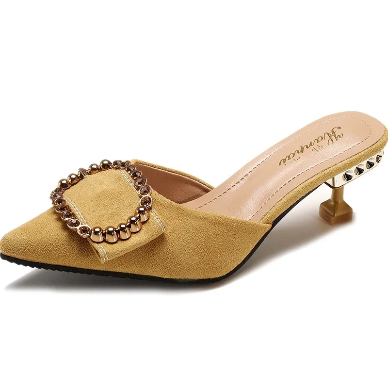 

Sandals Women's 2018 Summer Closed-toe Pointed Shallow Mouth Bow Metallic Decoration Man-made Diamond Semi-high Heeled Spool Hee