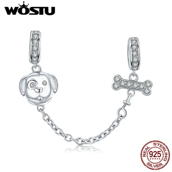 

WOSTU 925 Sterling Silver Doggy & Bones Safety Chain Silicone Beads Fit Original Bracelet Zircon Cute Charms DIY Jewelry DXC1434