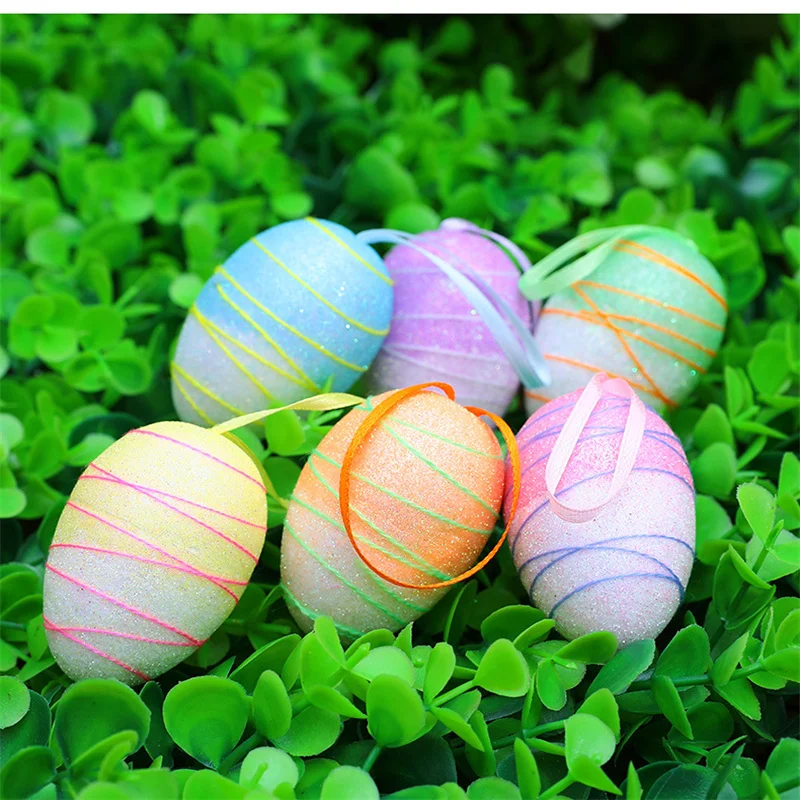 

6 Pack Kawaii New Colorful Glitter Easter Decorations Egg Hanging Ornaments Eggs for Easter Tree Foam Print Sequins Eggs