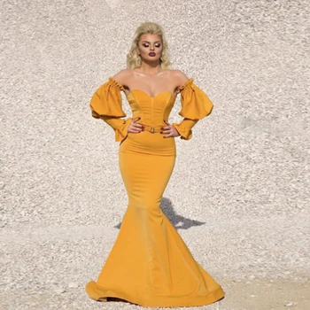 

Yellow V-Neck Long Bell Sleeve Prom Dresses Sweetheart Off The Shoulder Party Dresses Velvet Mermaid Special Occasion Gowns