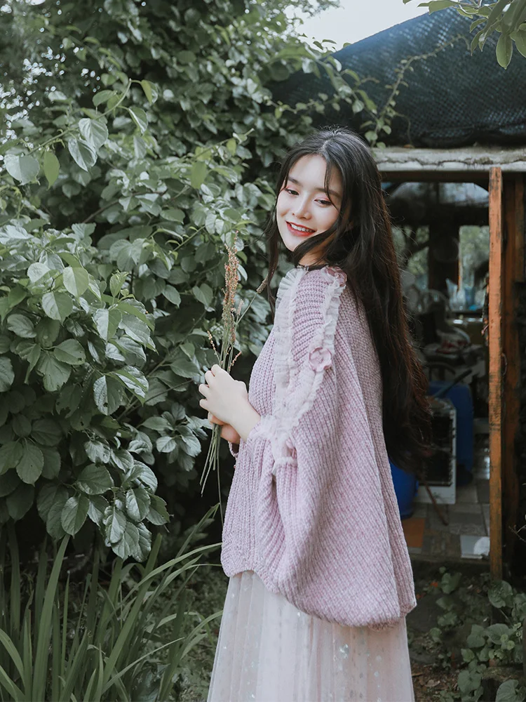 Pull femme nouveaute Женский Осенний свободный стиль негабаритный сладкий рукав «летучая мышь» Повседневный Свободный пуловер короткий розовый вязаный свитер