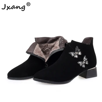 

JXANG Women butterfly Ankle Boots Fashion Suede Rubber Sole Boots Winter Elegant lady Pointed Toe Black shoes party wedding