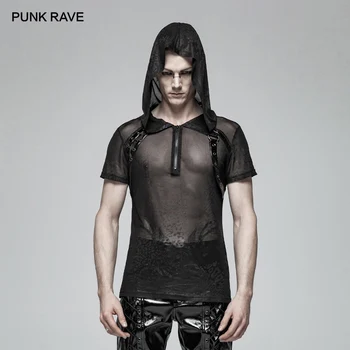 

PUNK RAVE Mens Punk Sexy Mesh Casual T-shirt Perspective Men'S T-Shirt Streetwear Hip Hop Personality Hooded Tops Shirt
