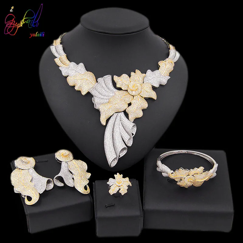 Yulaili New America Jewelry Sets for Women Luxury Cubic Zirconia Necklace Earrings Bracelet Ring Wedding Jewellery Accessories