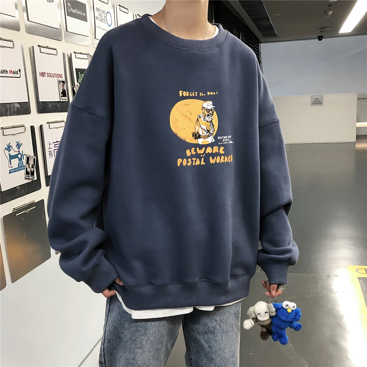 

Autumn New Men Anime Hoodies High Street Crew Neck Cartoon Letters Print Loose Pullover's Cotton Sweatshirts Hiphop Streetwear